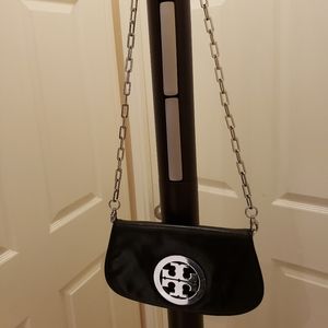 Tory Burch black leather folding crossbody bag
